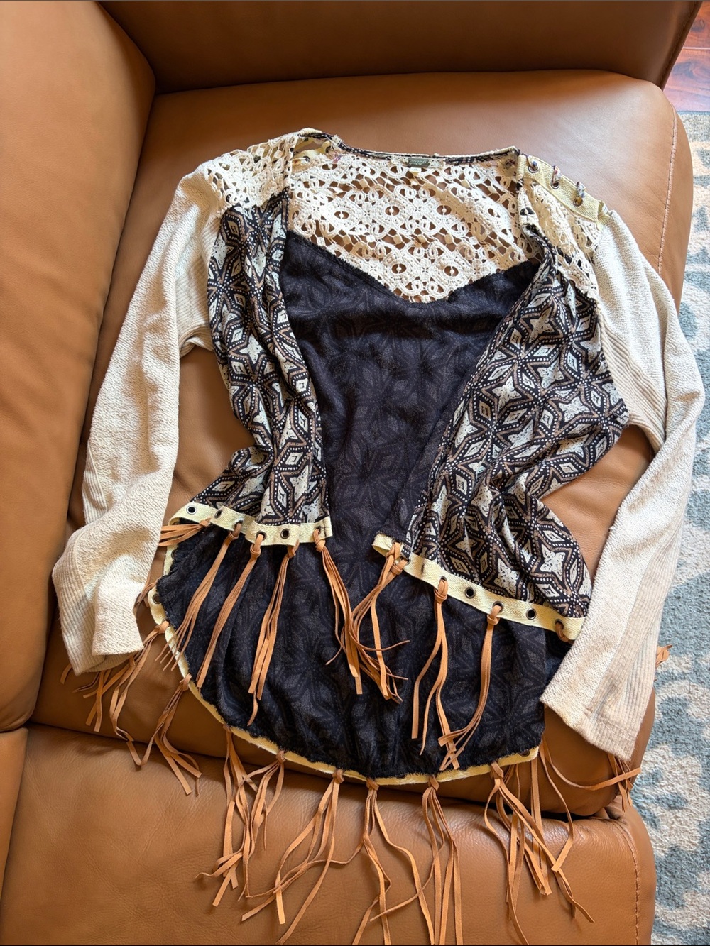 Boho Fringe Women's Cardigan in Black and Cream
